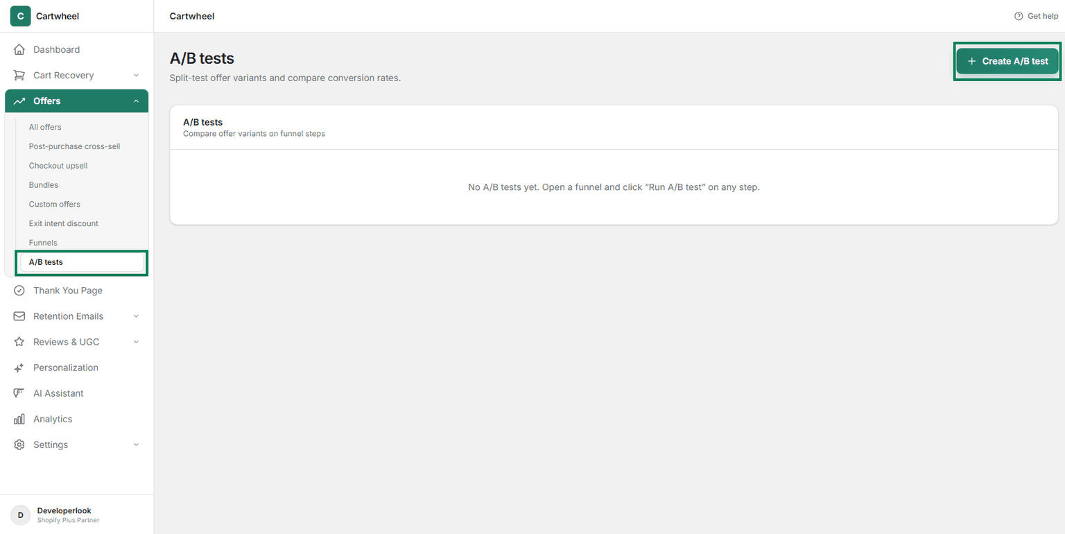 Create split test button on the A/B Tests tab in Cartwheel Admin