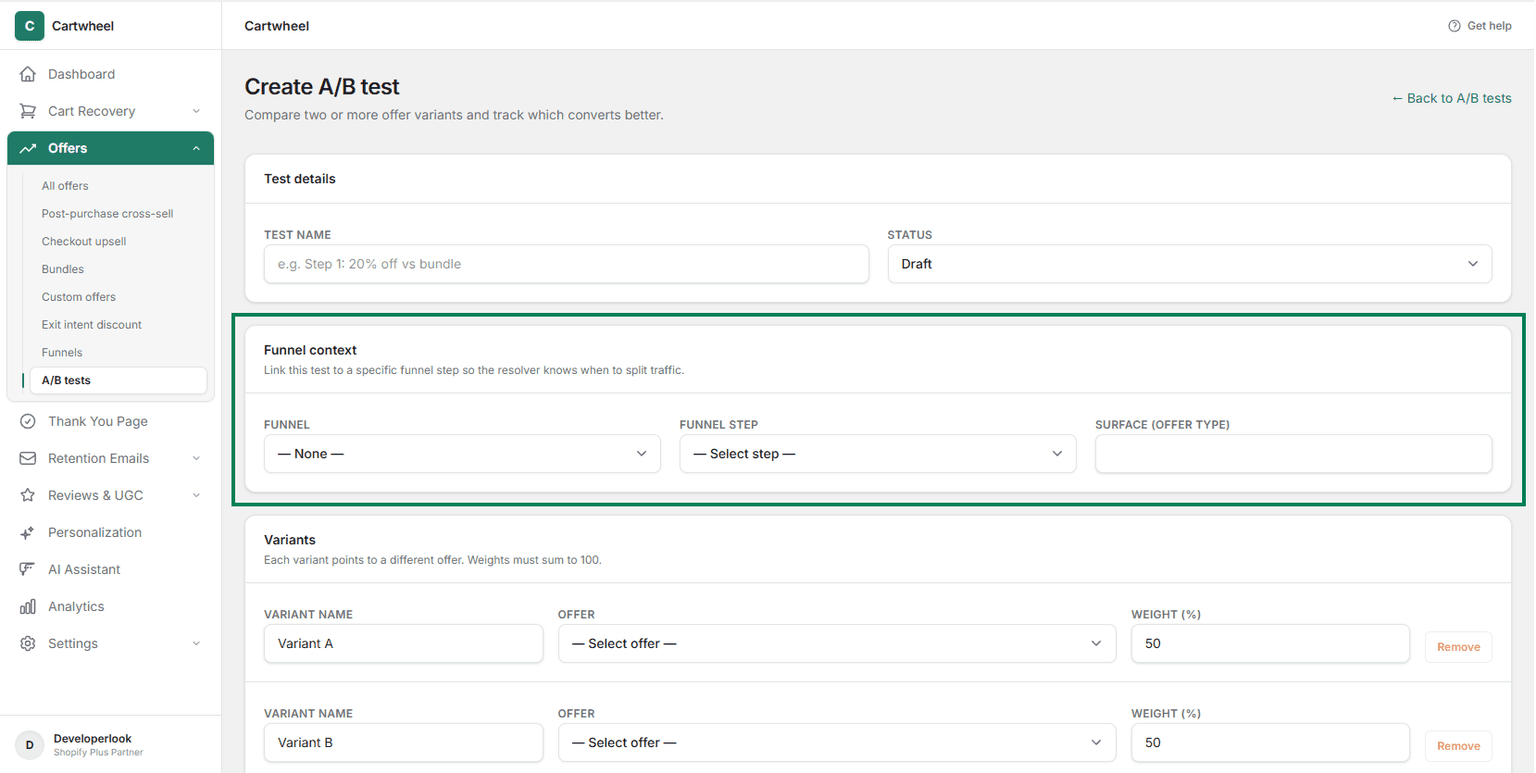 A/B test funnel or offer selection page