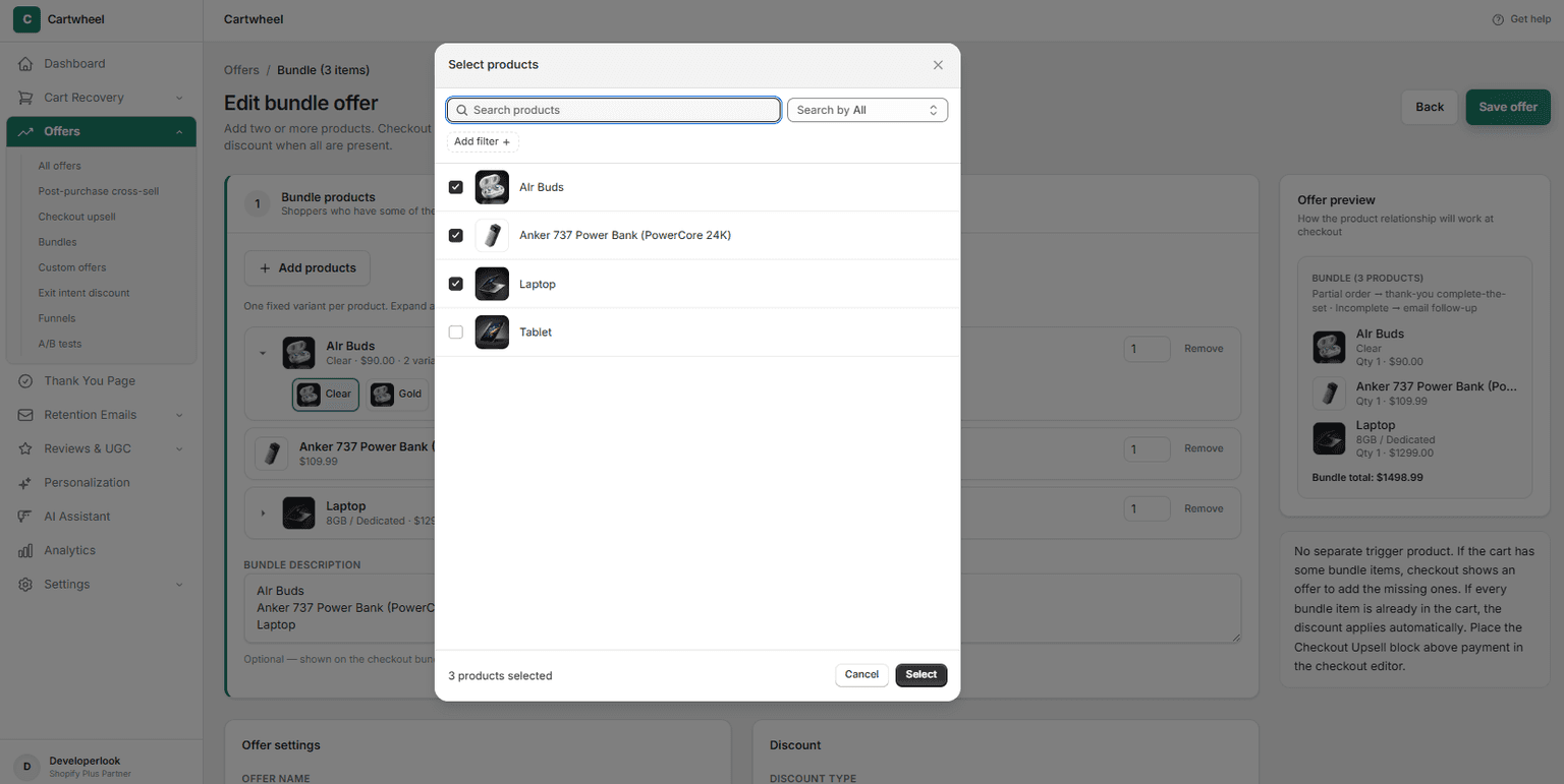 Product selection modal listing store items for bundle selection