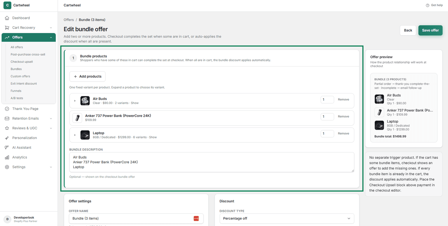 Selecting products and variants to include in the product bundle