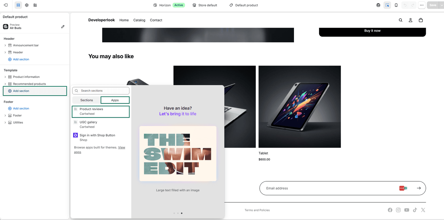 Clicking Add block in the Product information section in Shopify Theme Editor
