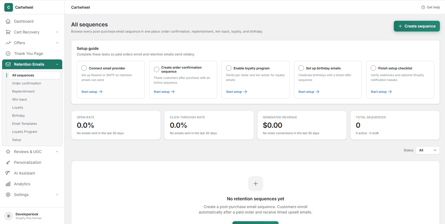 All sequences overview table in Cartwheel Admin showing active lifecycle campaigns and status badges