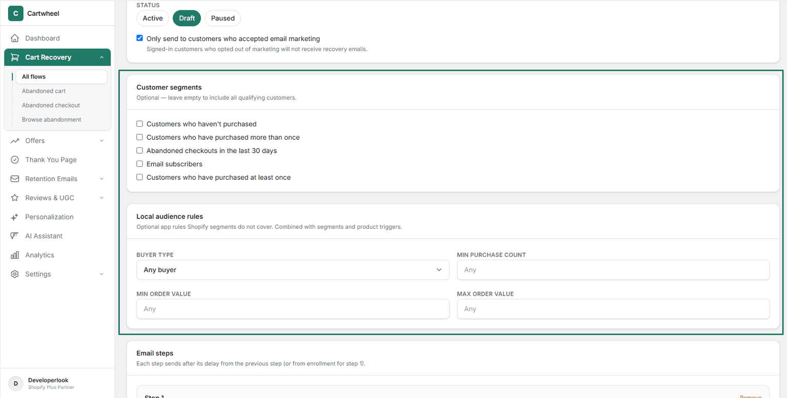 Configuring recovery flow trigger conditions
