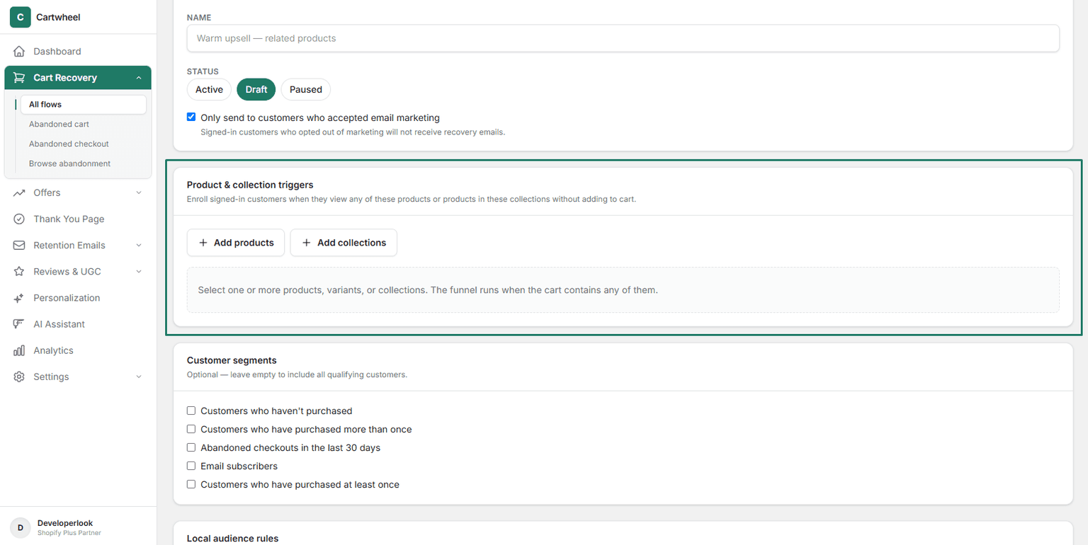 Selecting target products and collections to trigger browse abandonment retargeting