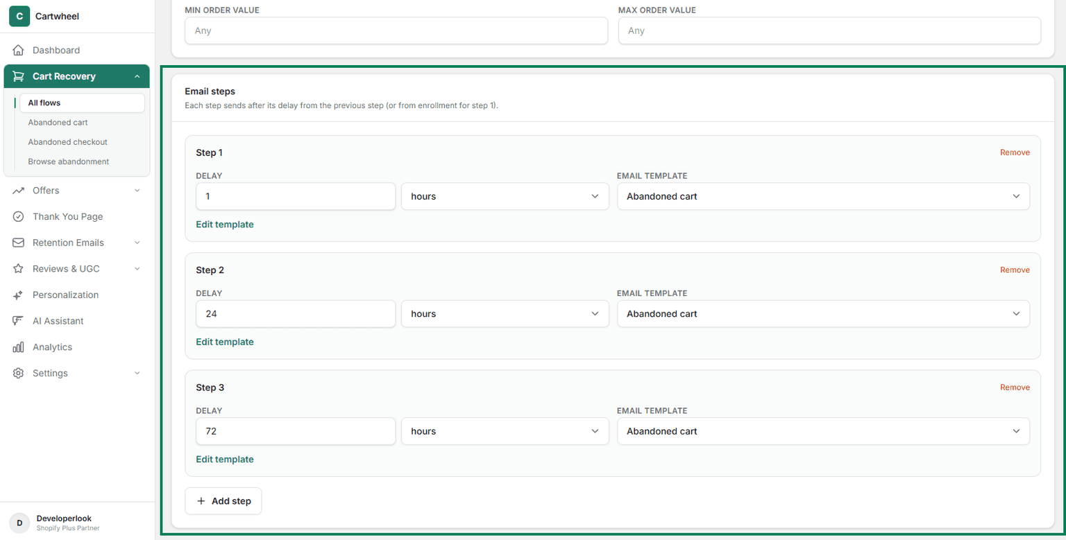 Configuring multi-touch email sequence timeline and step delays