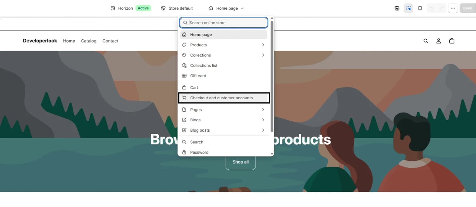Selecting Checkout from the page dropdown in Shopify Theme Editor