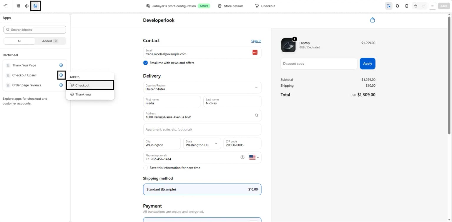 Enabling Checkout Upsell app embed in Shopify Theme Editor header