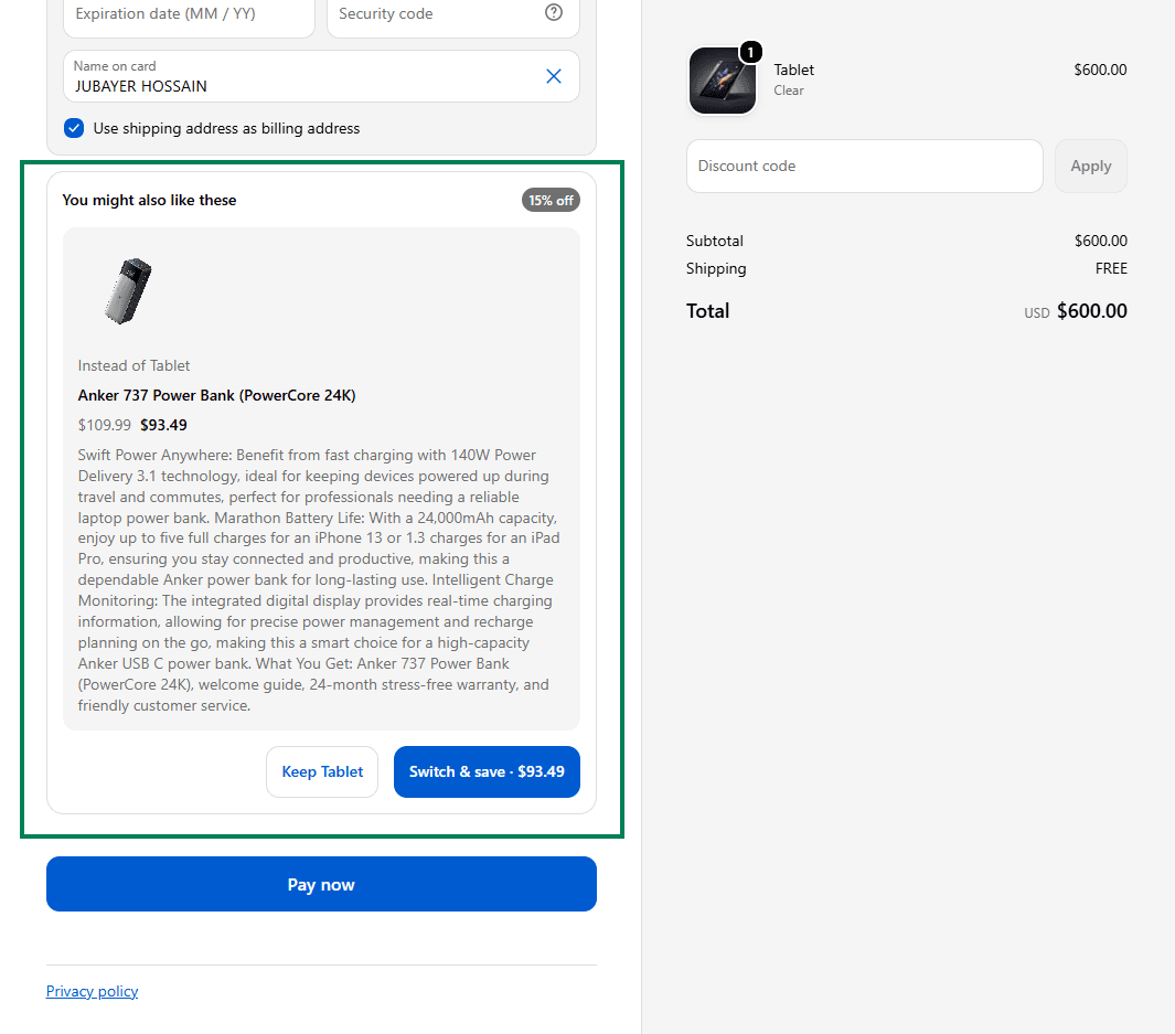 Native checkout upsell extension block inside checkout