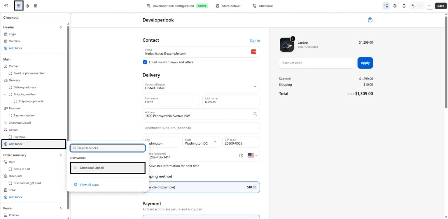Adding a Checkout Upsell block in Shopify Checkout layout editor
