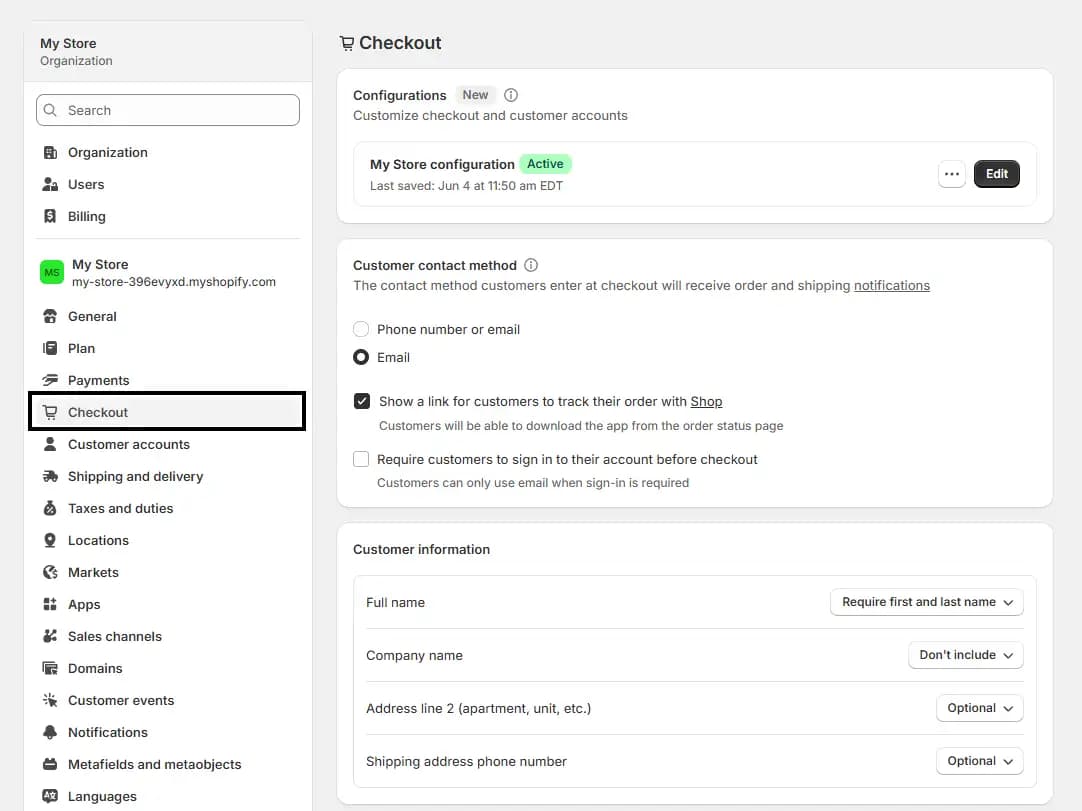 Navigating to Checkout Settings in Shopify Admin