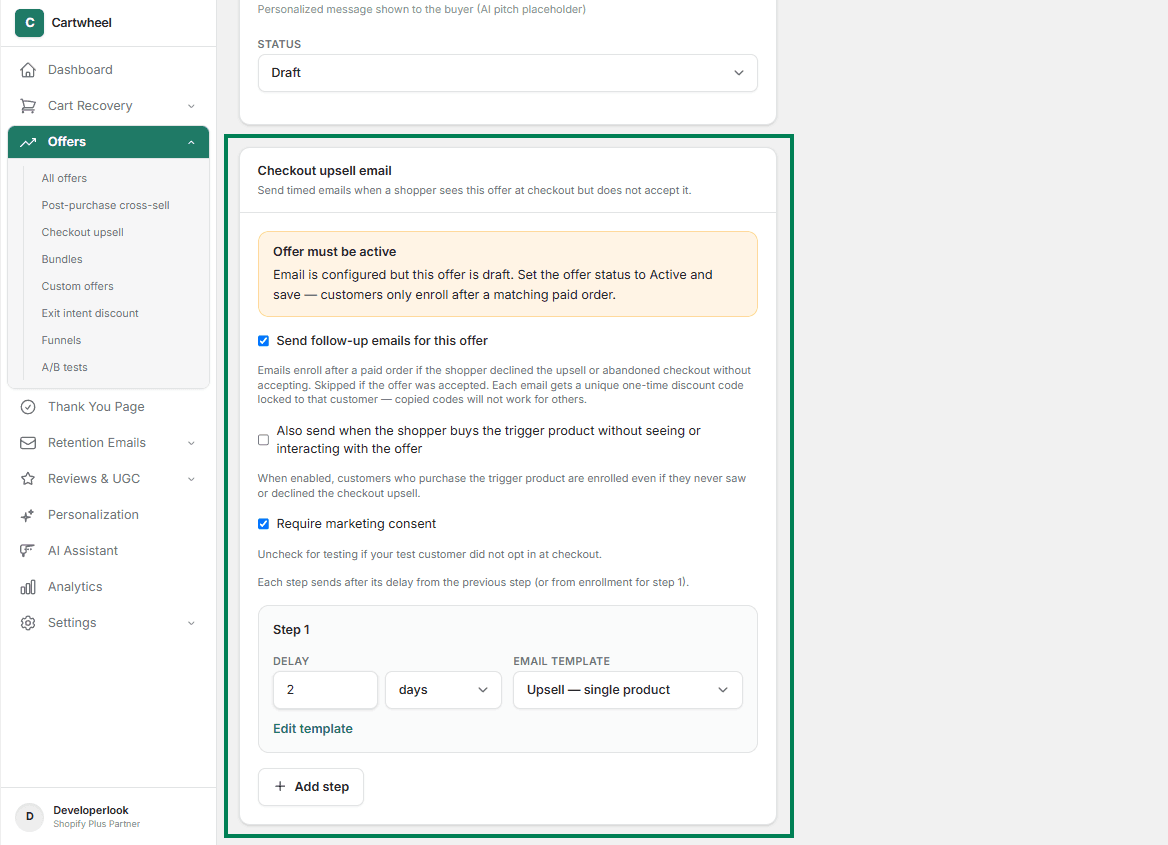 Setting up checkout upsell follow-up email schedule for non-converting shoppers