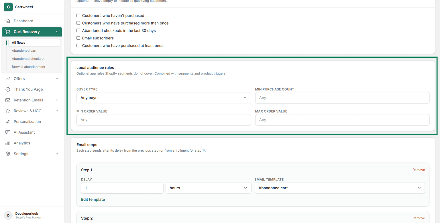 Filtering customer audience for cart recovery targeting