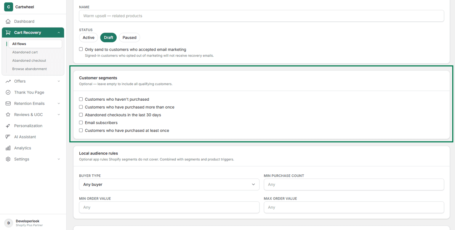 Selecting customer segments for target recovery rules