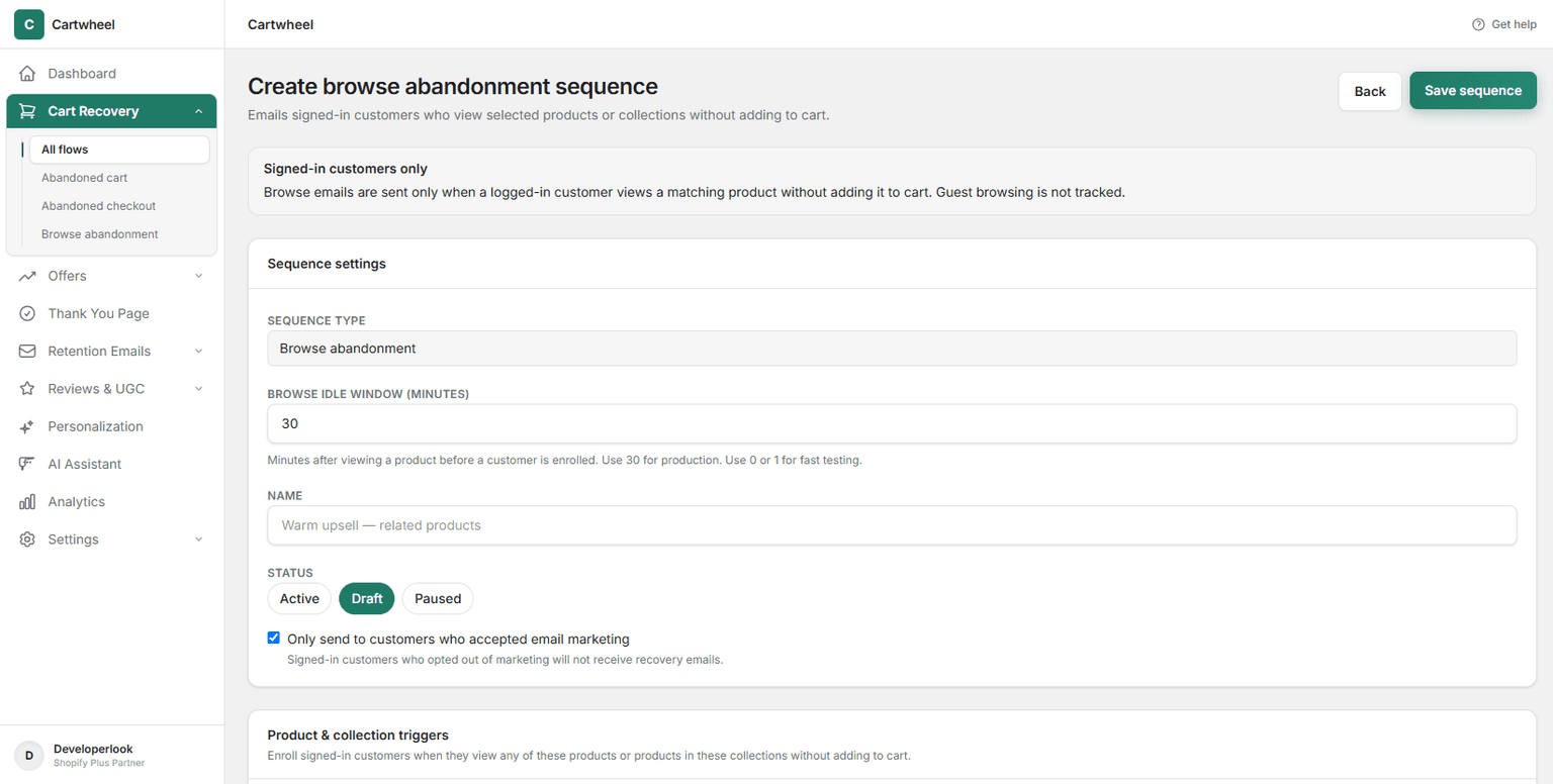 Configuring sequence name, browse inactivity idle window, and status toggle pills