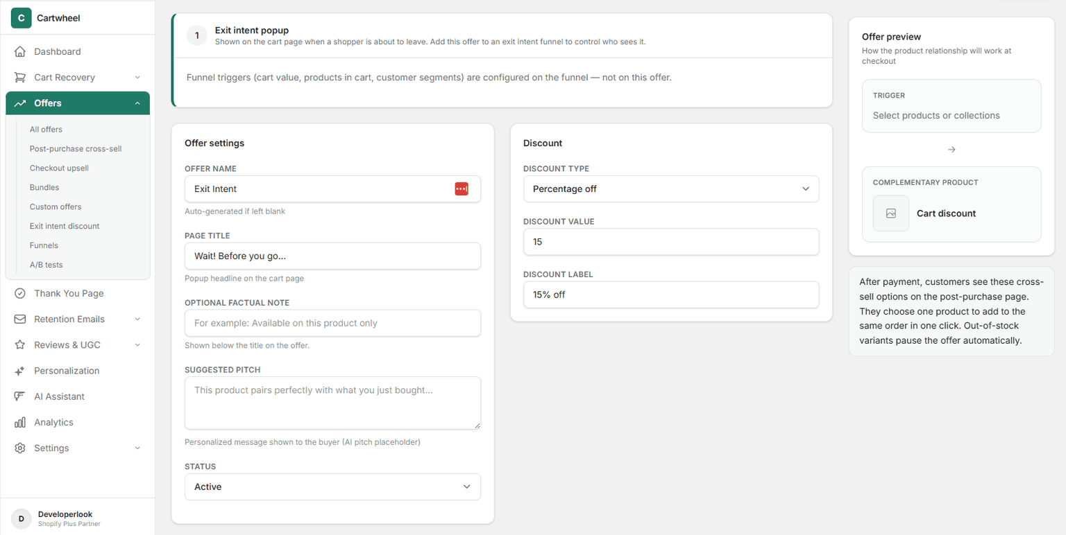 Configuring exit-intent offer details, pitch text, and discount values in Cartwheel Admin