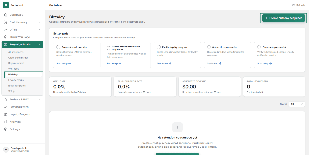 Cartwheel Birthday Retention Tab and Create Button