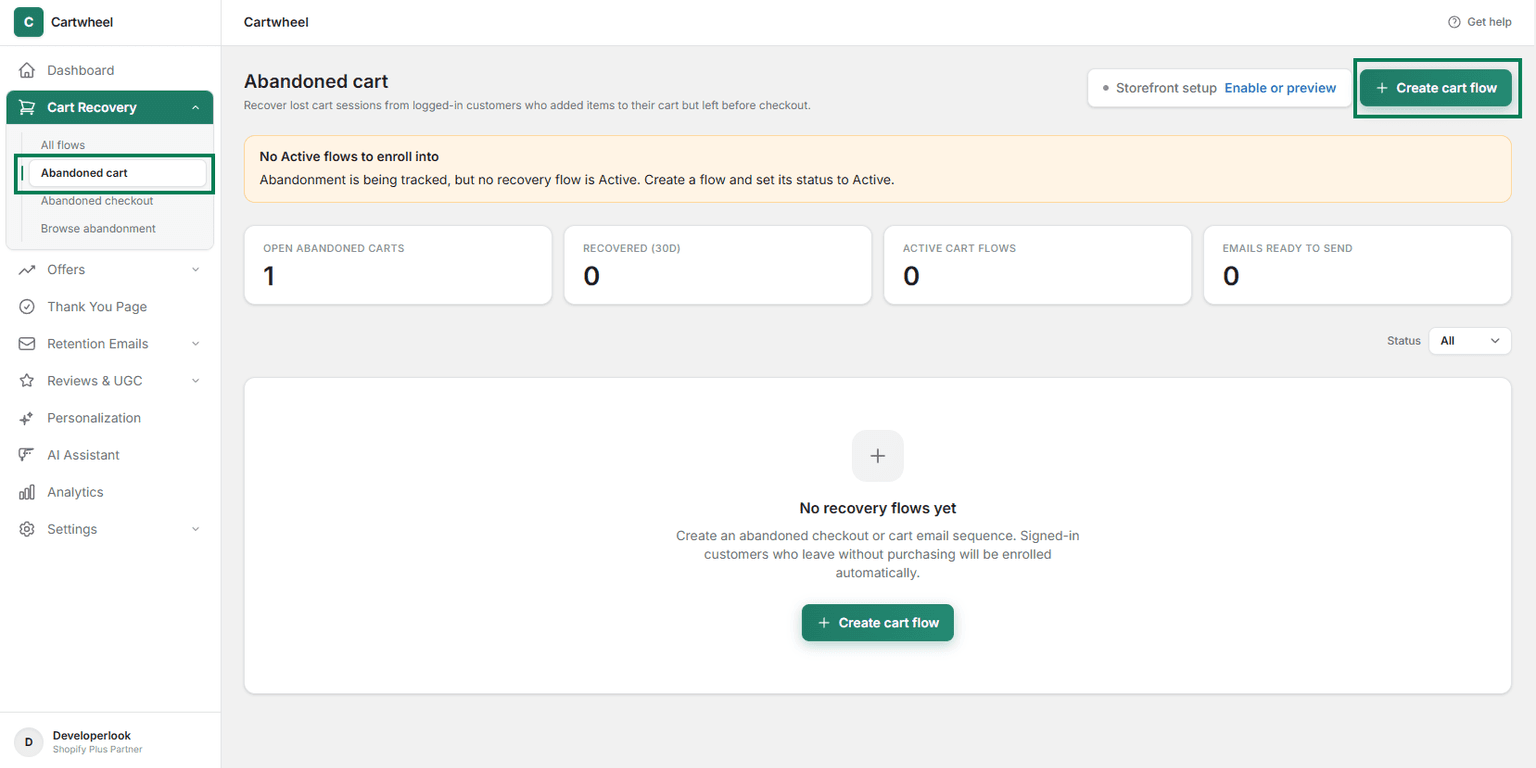 Create abandoned cart recovery flow interface