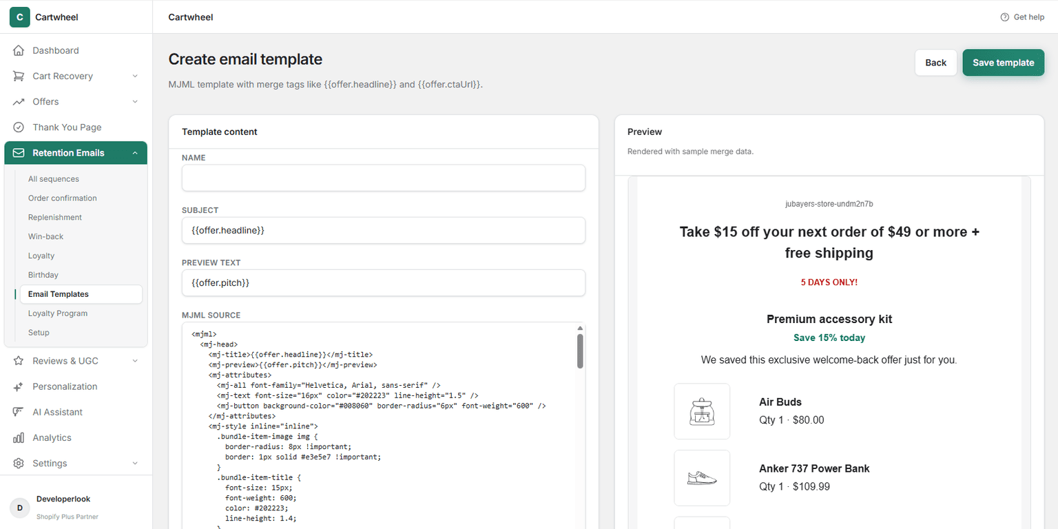 Create email template editor in Cartwheel Admin showing Template Content form fields and real-time live preview
