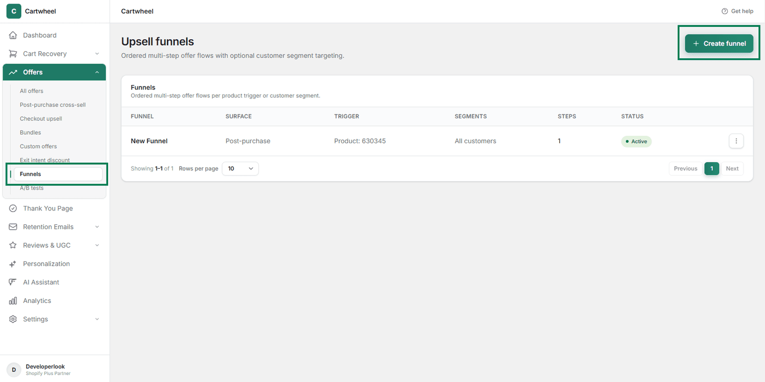 Create funnel button on the funnels overview page in Cartwheel Admin