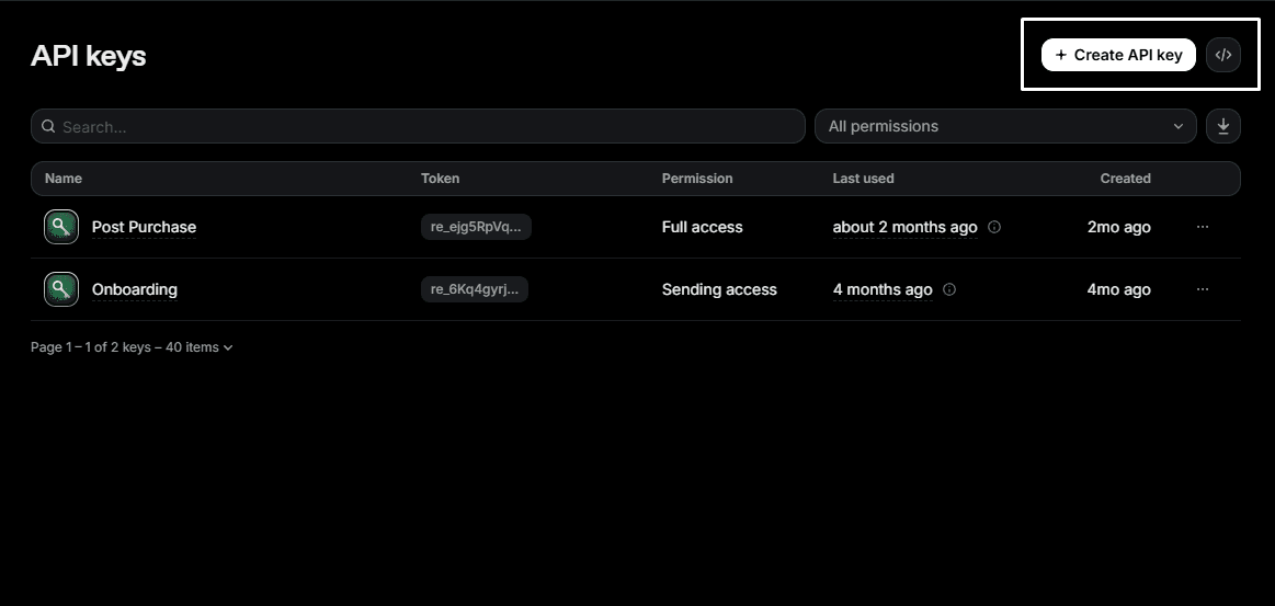 Resend API Keys dashboard showing the Create API Key action button