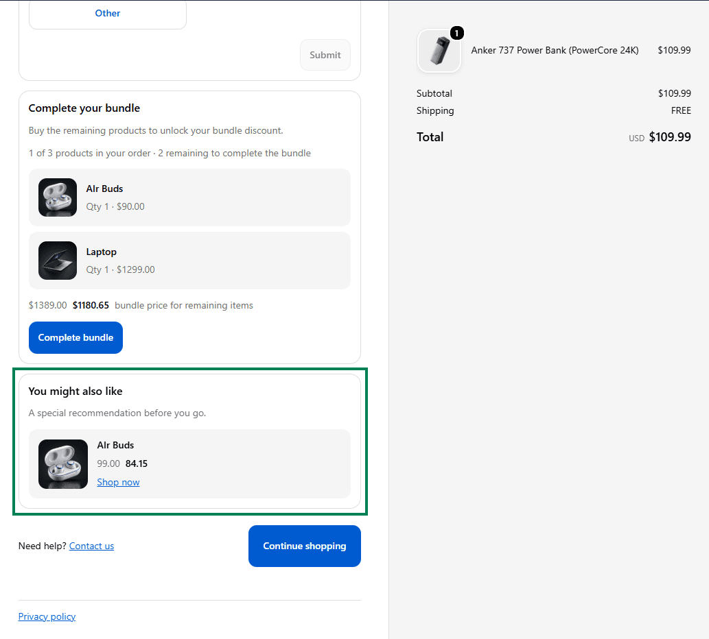 Custom promotional offer block on order confirmation page