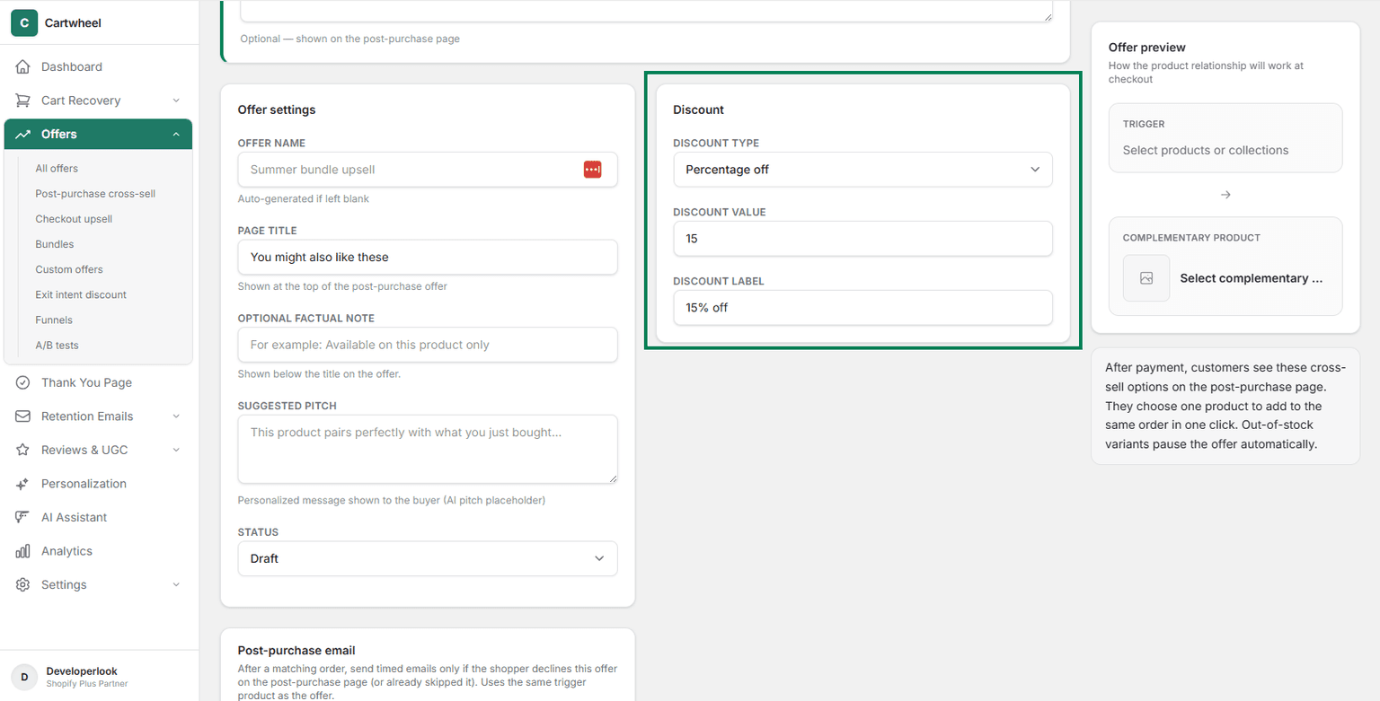 Configuring percentage or fixed amount discount settings for the post-purchase cross-sell offer