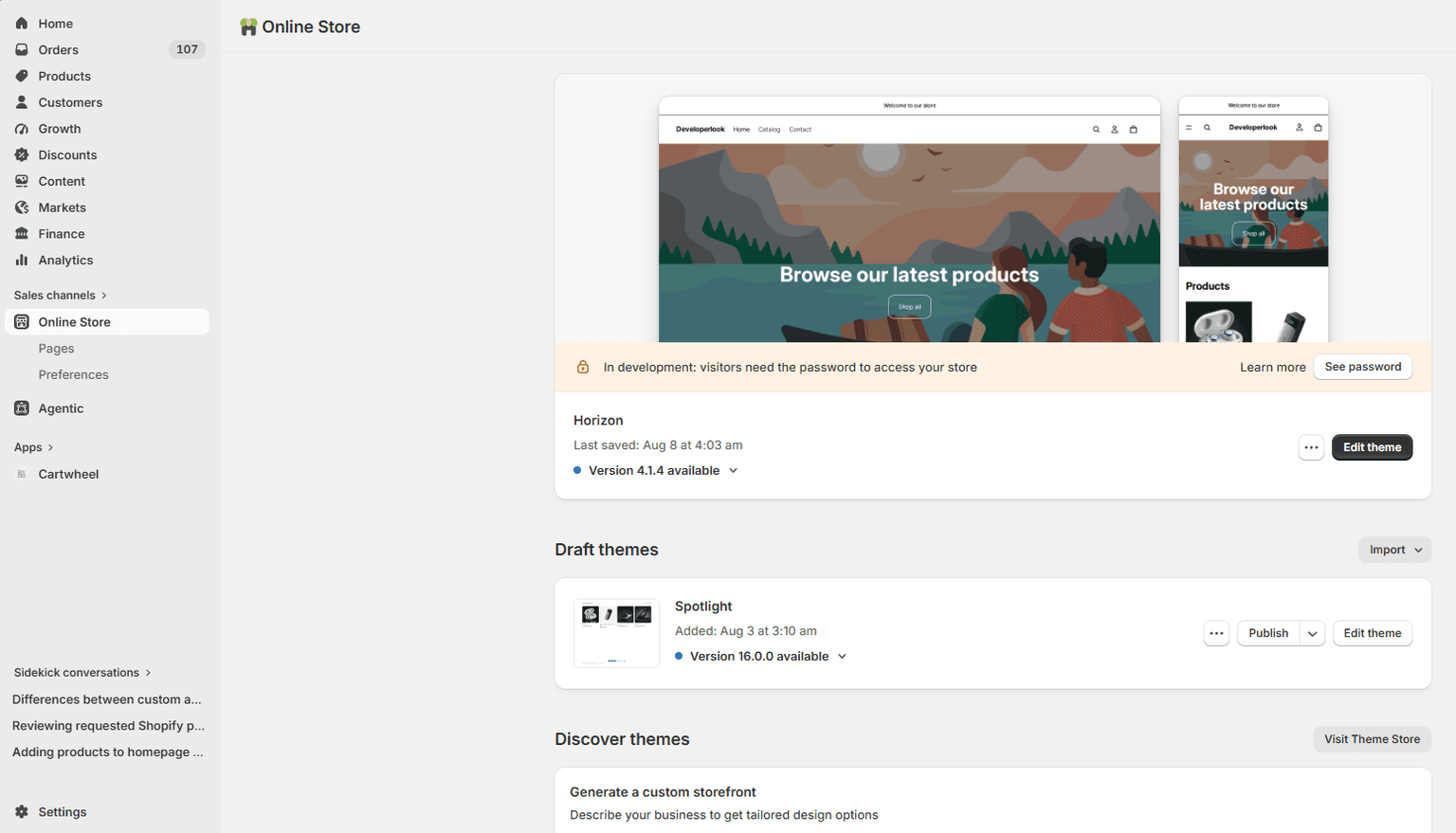 Storefront setup banner in Cartwheel Admin with direct link to manage product templates
