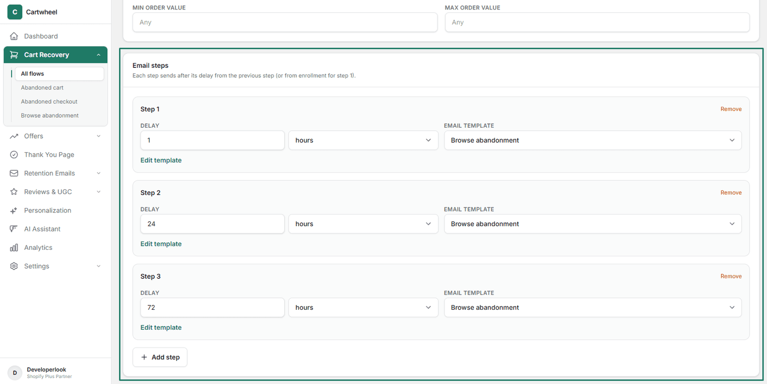Building multi-step browse recovery email schedule with delay intervals and template selectors