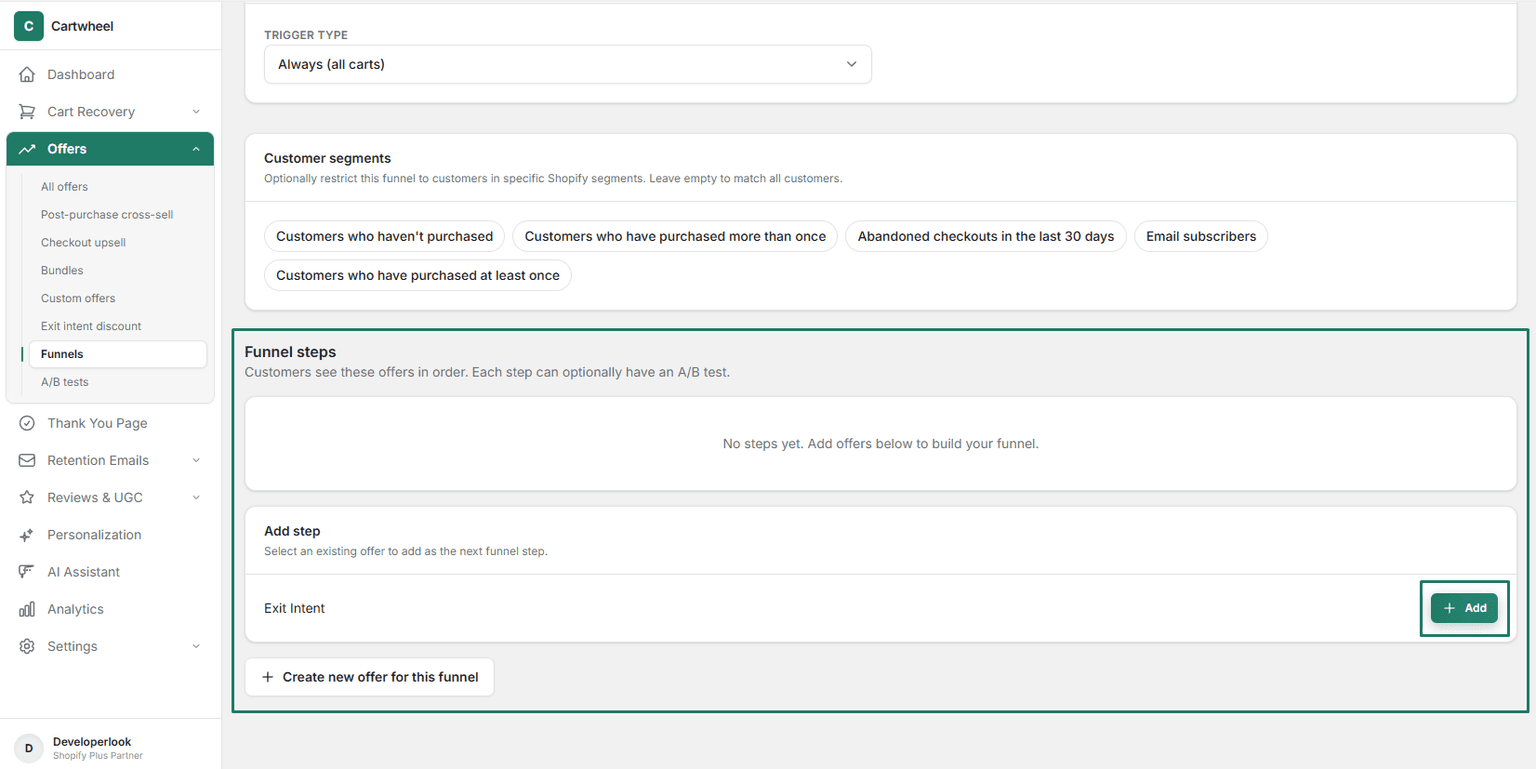 Attaching exit-intent offer step to the visual funnel canvas in Cartwheel Admin