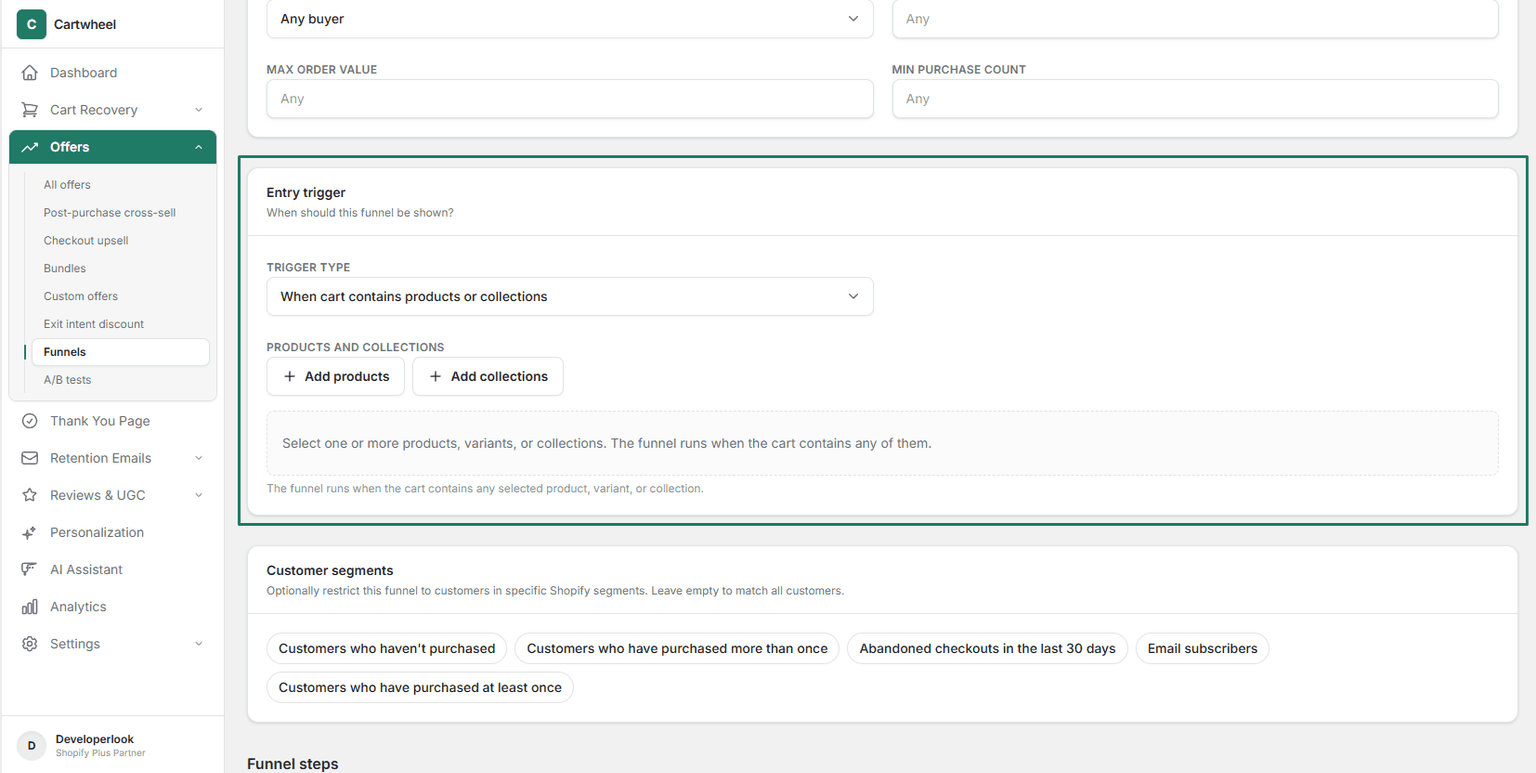 Configuring funnel entry trigger conditions and target surfaces in Cartwheel Admin