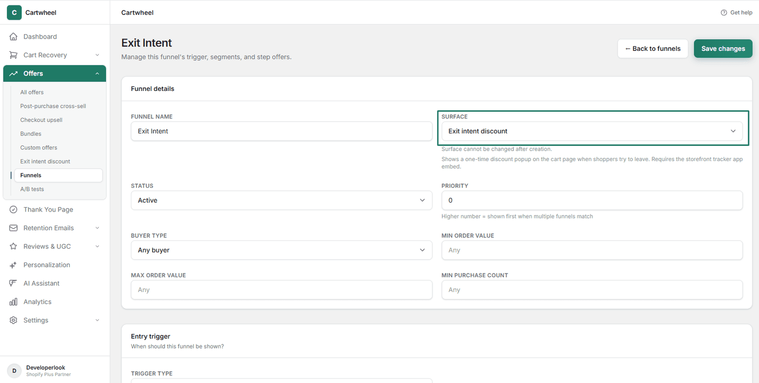 Selecting exit-intent desktop popup surface in Cartwheel Funnel Builder