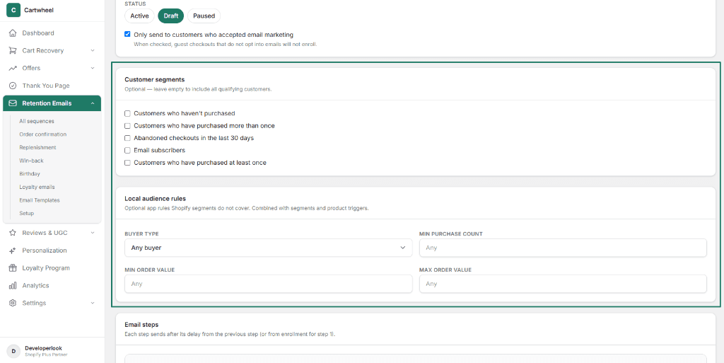Customer segments and Local audience rules cards for targeting loyalty sequences