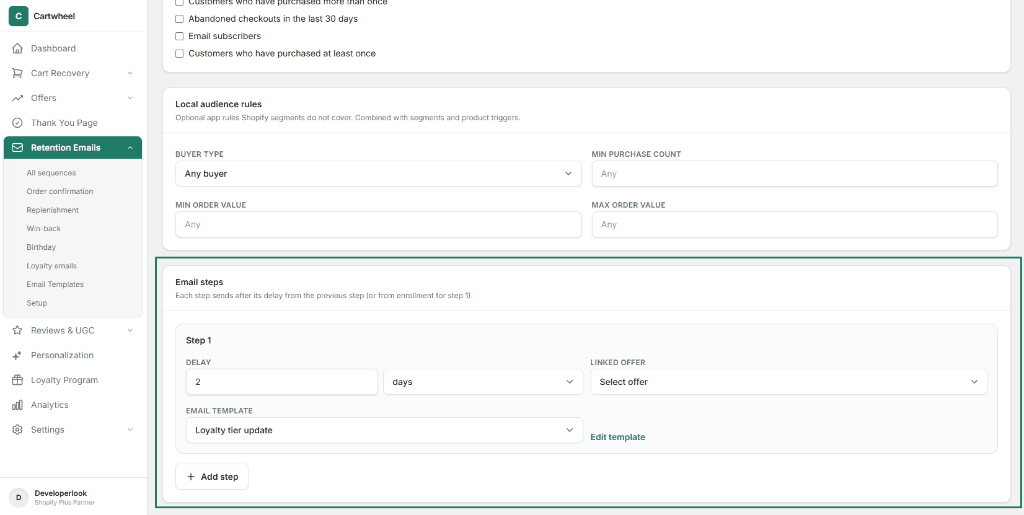 Email steps builder panel with delivery delay, linked cross-sell offer dropdown, template selector, and Edit template link