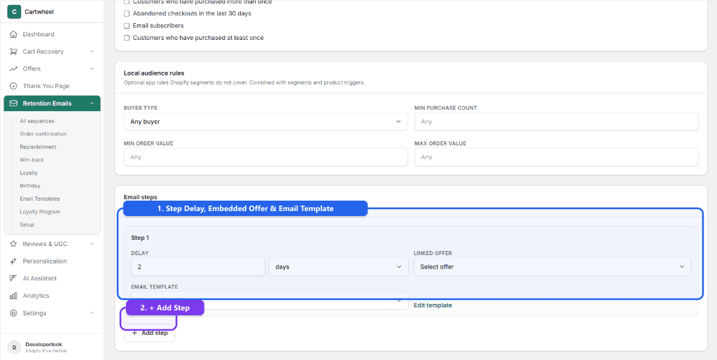Loyalty email sequence step builder with delay settings