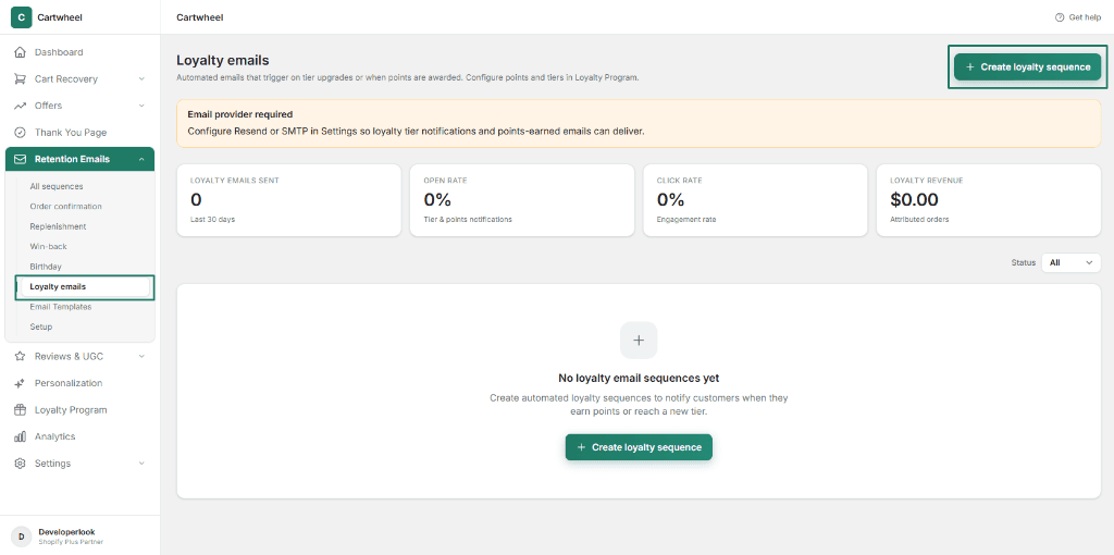 Loyalty email sequence management interface
