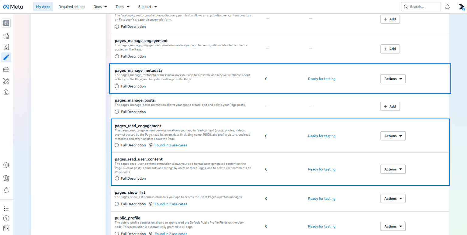 Adding pages_manage_metadata, pages_read_engagement, and pages_read_user_content permissions under Page use case customization