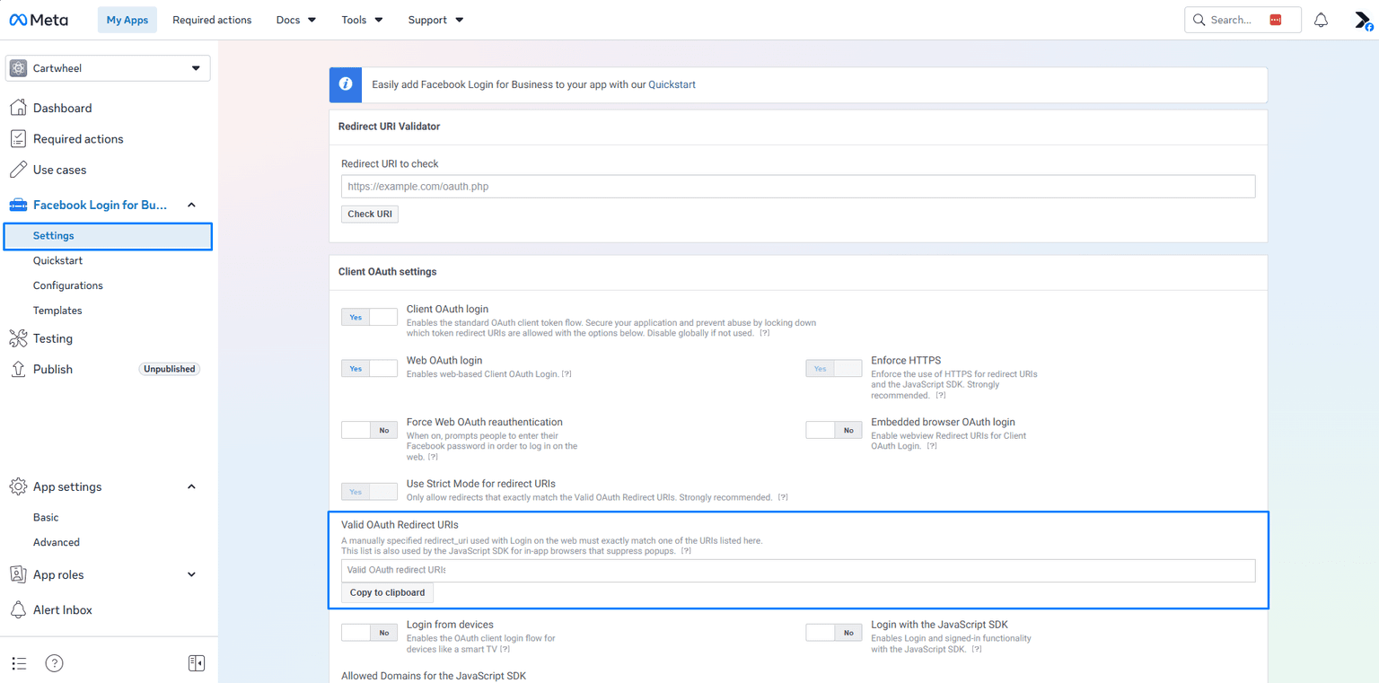Meta Developer portal Facebook Login Settings showing the Valid OAuth Redirect URIs input field