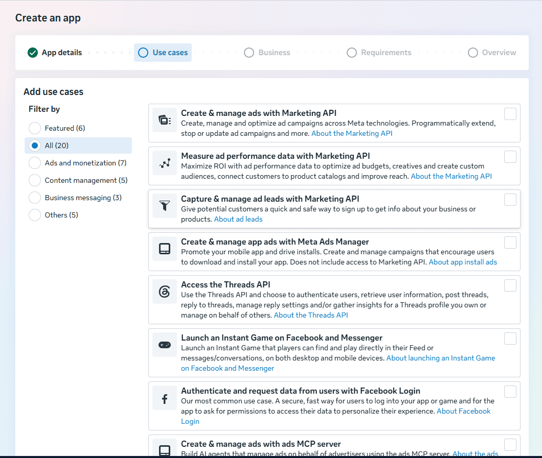 Meta Create an App step 2 use cases selection list
