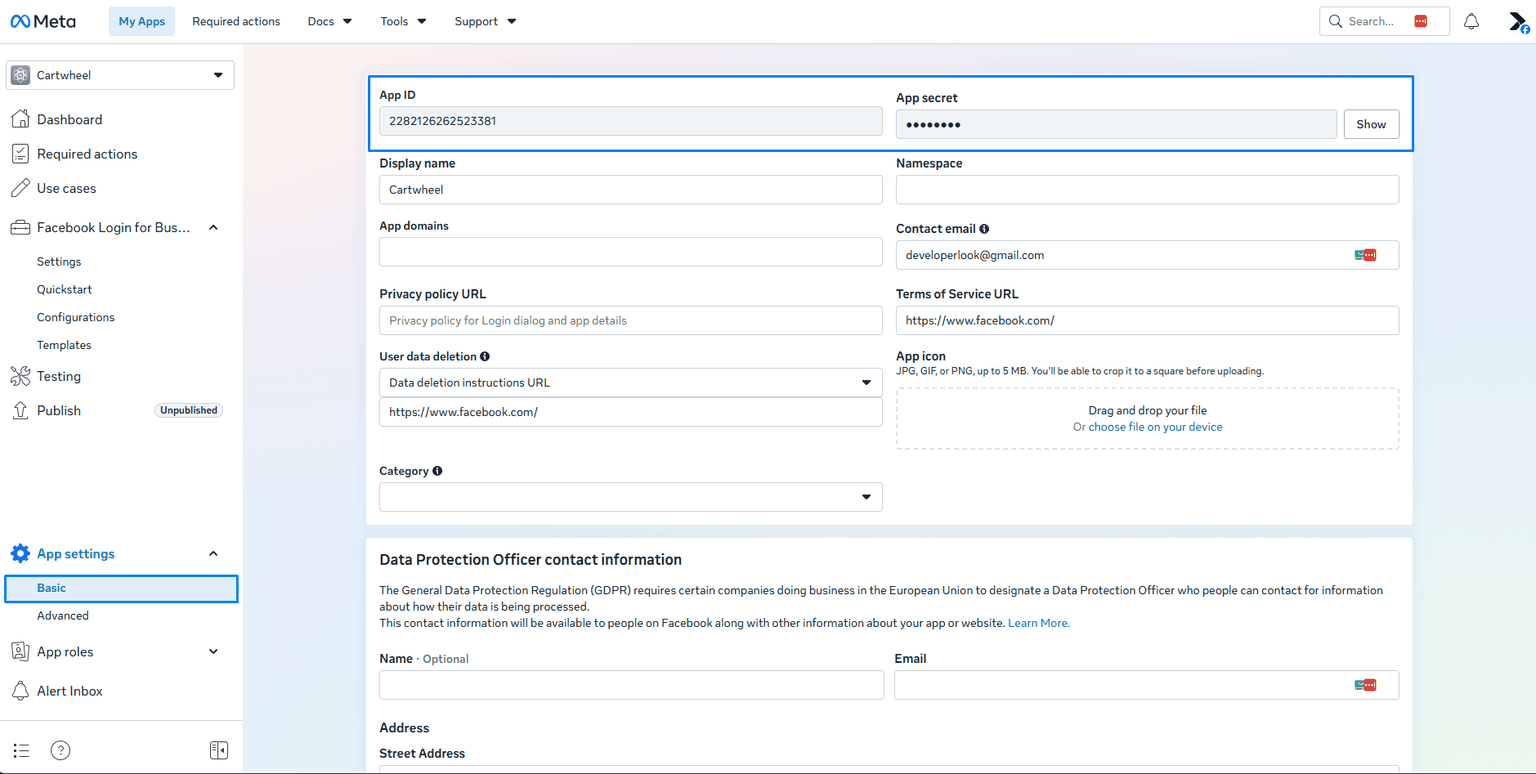 Meta Developer portal App settings Basic page displaying App ID and App secret with Show toggle