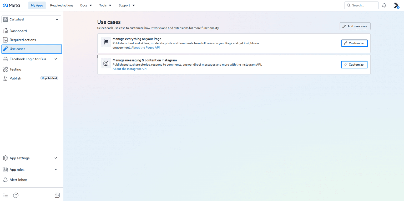 Meta Developer Portal Use cases dashboard showing Manage everything on your Page and Manage messaging and content on Instagram