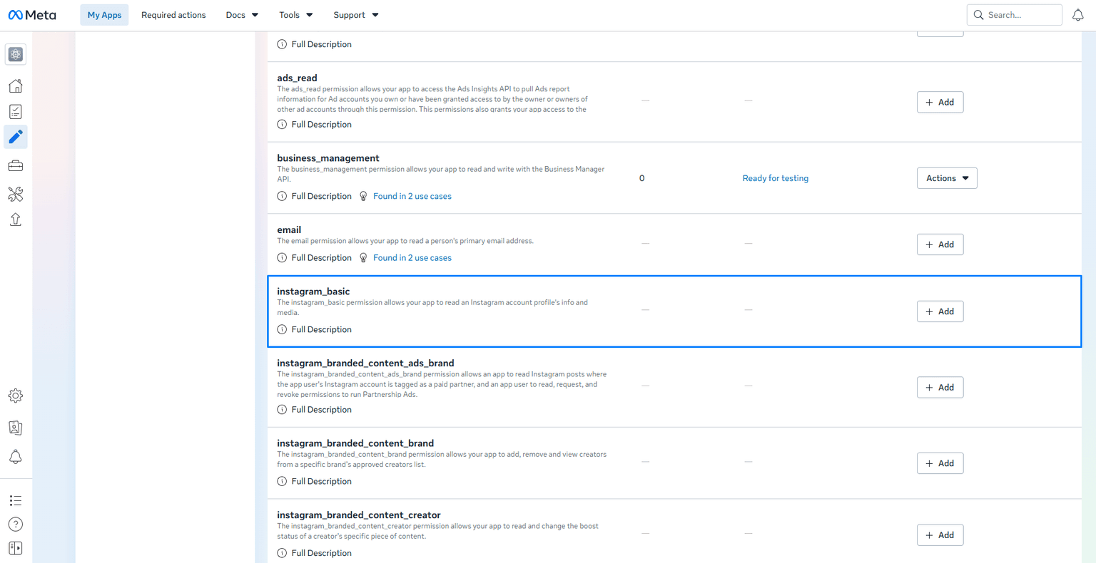 Adding the instagram_basic permission under Instagram use case customization