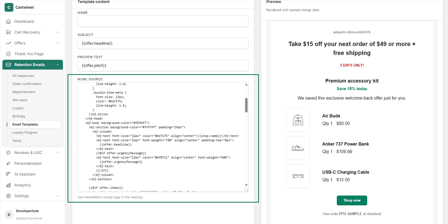 MJML source code editor in Cartwheel Admin with Handlebars merge tag support and instant live preview rendering