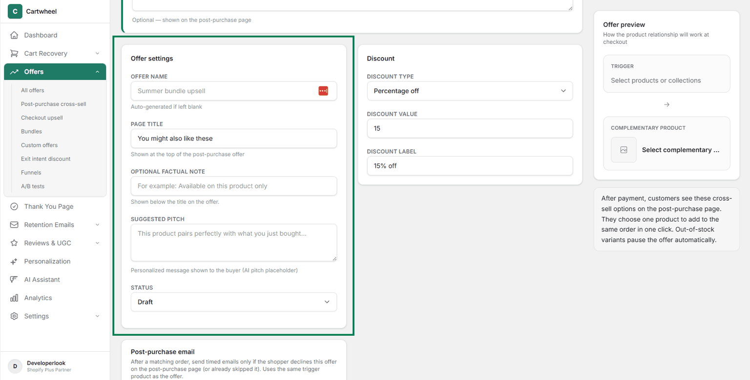 Configuring post-purchase cross-sell offer title, suggested pitch, and status settings
