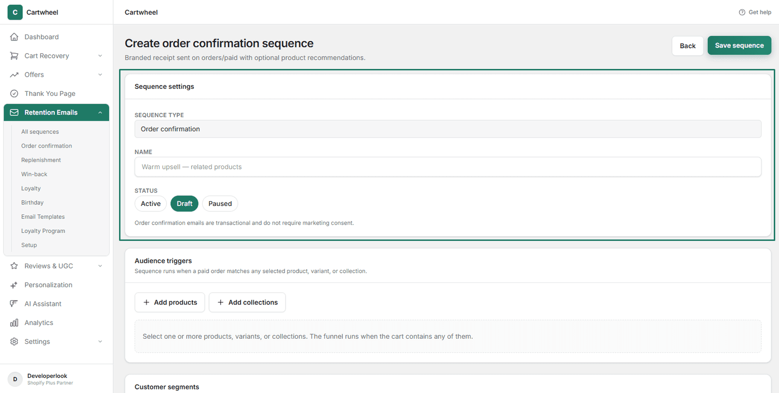 Order confirmation sequence settings panel showing trigger events, sequence status toggle, and initial delay configuration