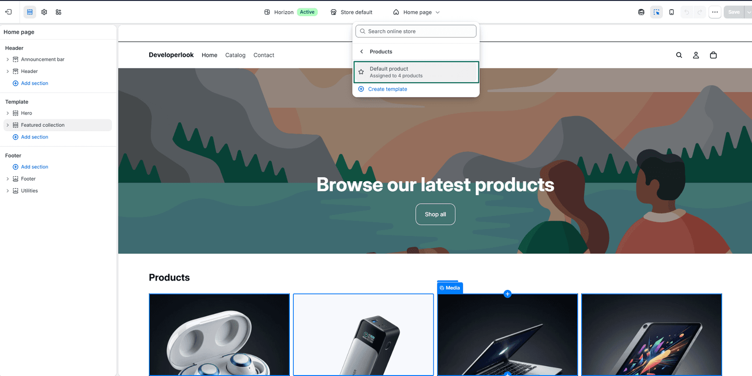Selecting the Default product template in Shopify Theme Editor