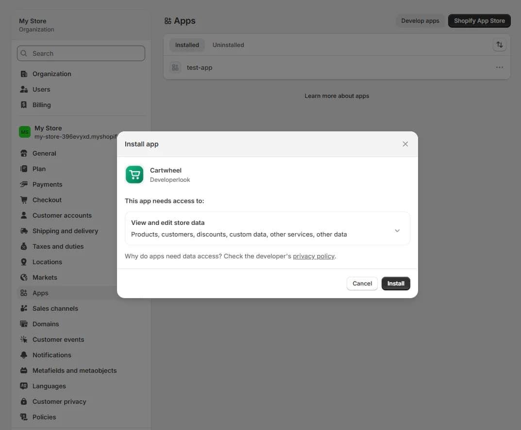 Shopify permission grant screen for Cartwheel