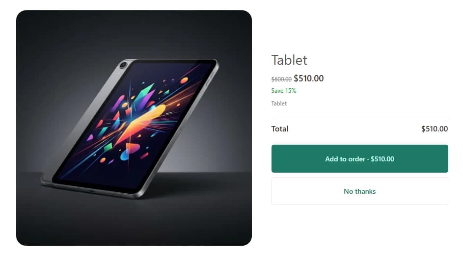 Post-purchase cross-sell offer displayed on storefront after checkout completion