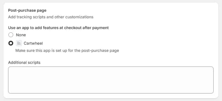 Selecting Cartwheel as the Post-purchase app in Shopify Checkout settings