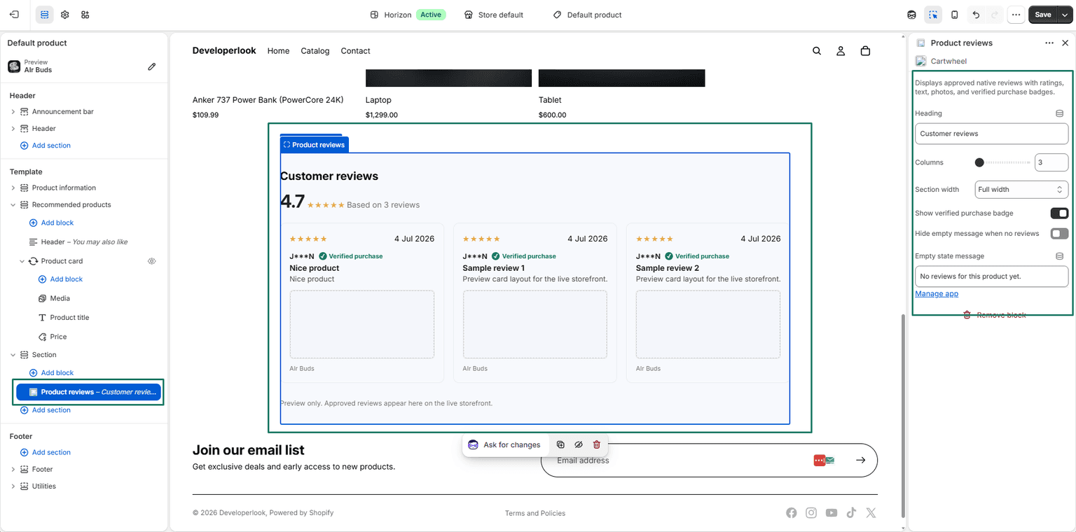 Storefront product review widget with star ratings and reviews list