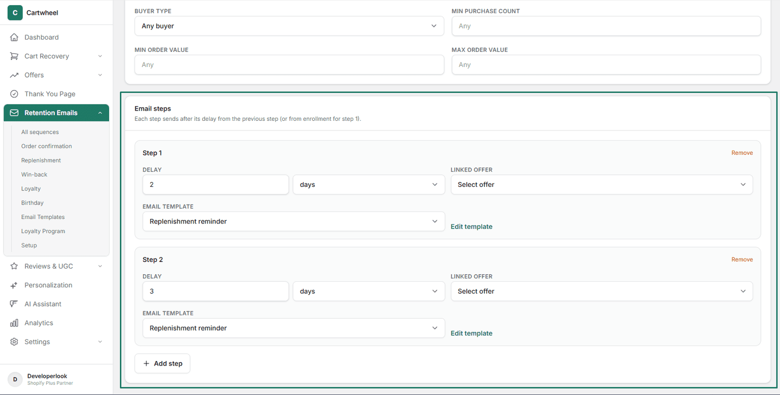 Replenishment email step builder showing delay duration intervals and template selection in Cartwheel Admin